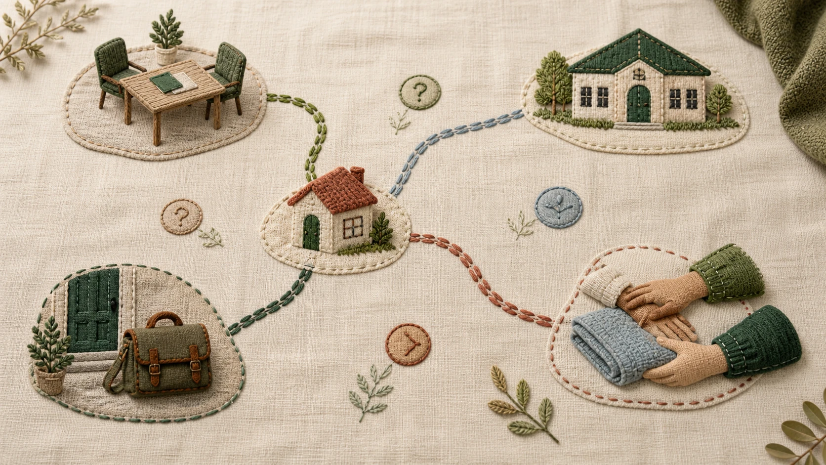 Eine handgearbeitete textile Wegkarte verbindet ein Zuhause mit einem Beratungstisch, einem regionalen Anlaufpunkt, einem Hausbesuch und einer praktischen Pflegeschulung