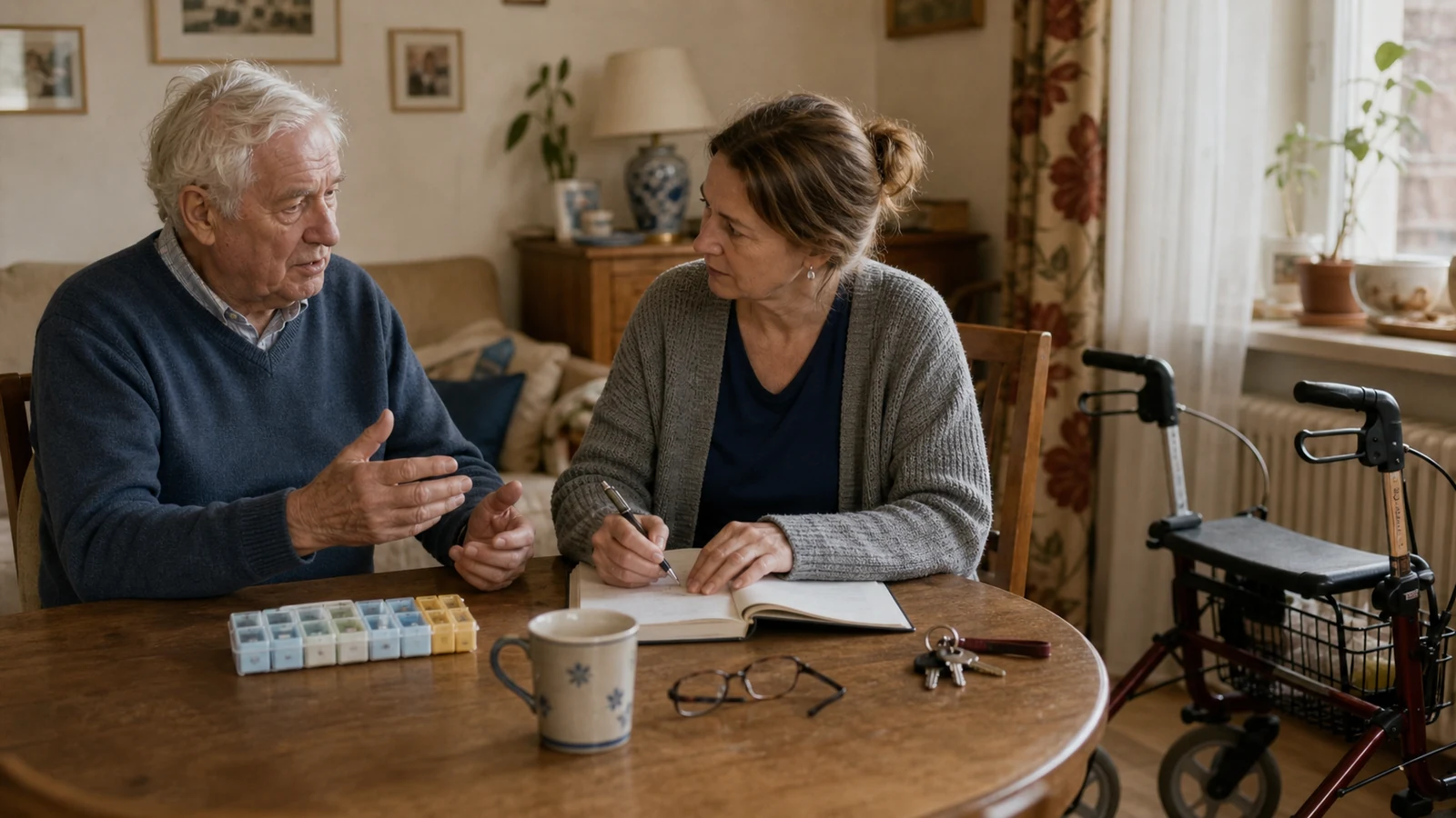 Ein älterer Mann bespricht zu Hause mit seiner erwachsenen Tochter den Pflegealltag; am Tisch liegen ein schlichtes Notizbuch, Medikamentenbox, Brille und Schlüssel, daneben steht sein Rollator