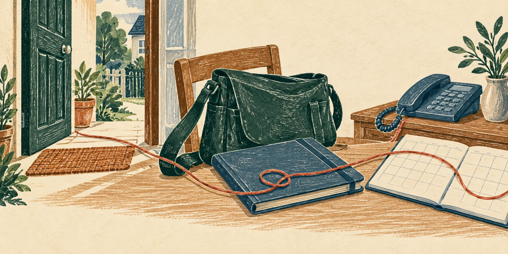 Illustrierter Hauseingang mit Pflegetasche, Terminmappe, Kalender und Telefon; eine rote Linie verbindet die Gegenstände