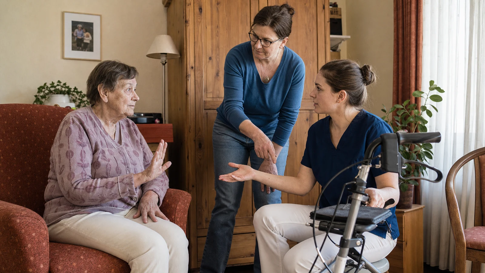 Eine Bewohnerin hebt im Gespräch mit einer lernenden Pflegeperson die Hand als Stoppsignal; eine Praxisanleiterin beobachtet eingriffsbereit die Vorbereitung am Rollator