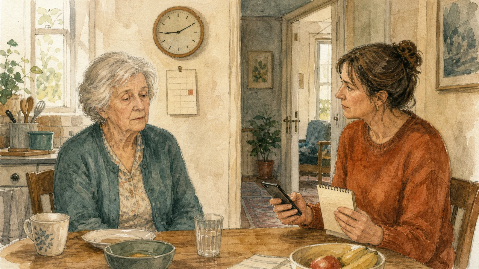 Aquarellzeichnung: Eine ältere Frau wirkt am Frühstückstisch ungewöhnlich schläfrig, während ihre Tochter aufmerksam beobachtet, eine Notiz festhält und das Telefon bereithält