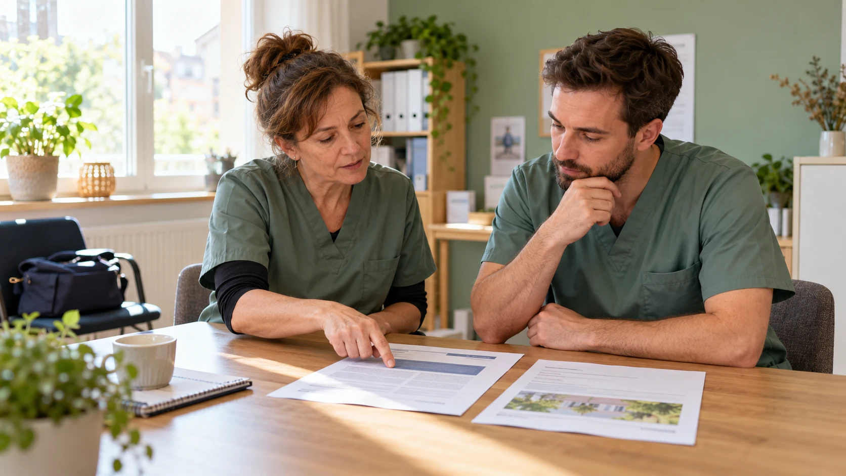 Zwei Pflegefachpersonen vergleichen im hellen Büro eines ambulanten Dienstes einen gedruckten Qualitätsbericht und eine getrennte Angebotsbeschreibung.