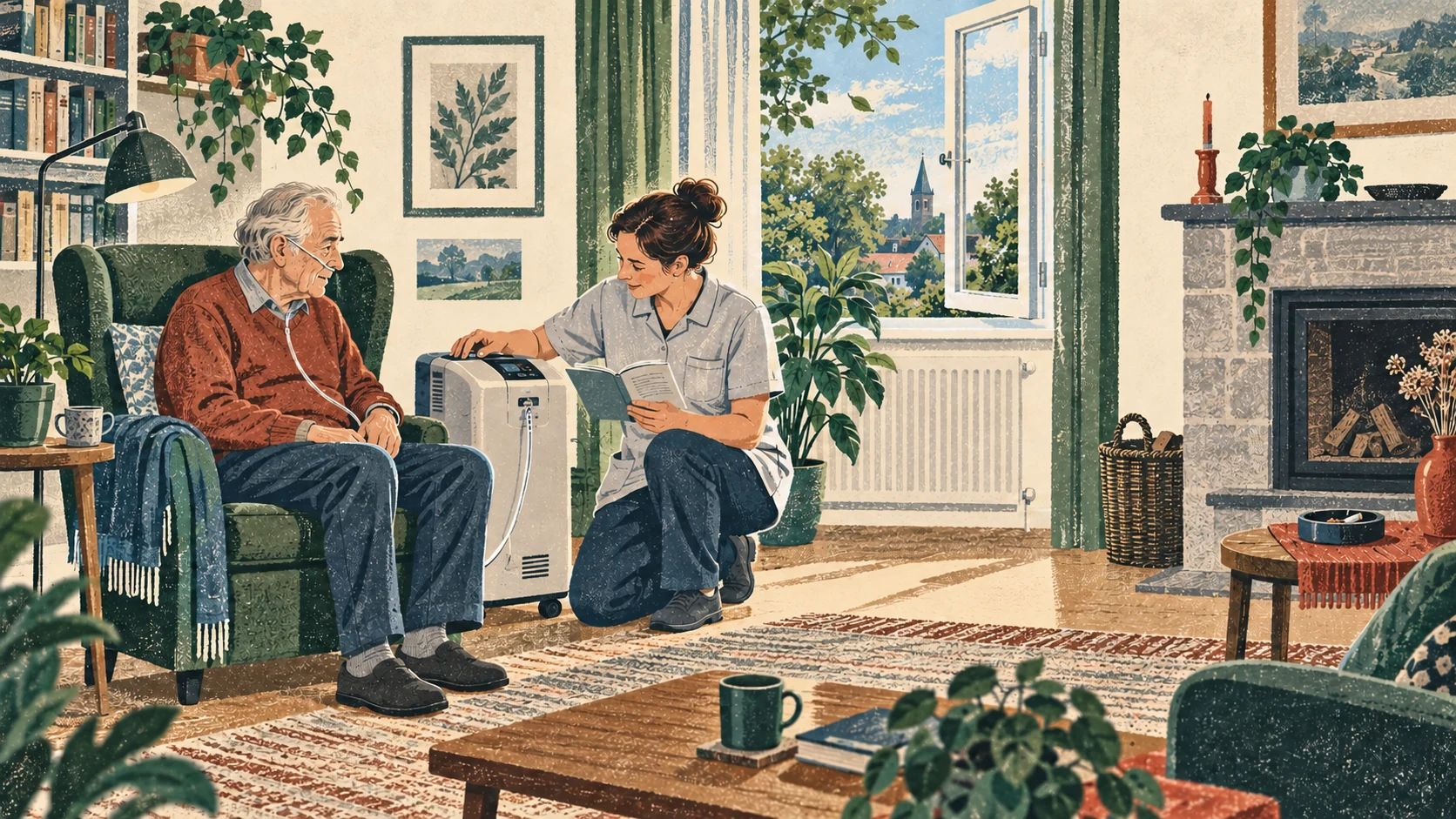 Eine Pflegefachperson prüft mit einem älteren Mann den Sauerstoffkonzentrator in einem gelüfteten Wohnzimmer; unbenutzte Zündquellen stehen deutlich entfernt