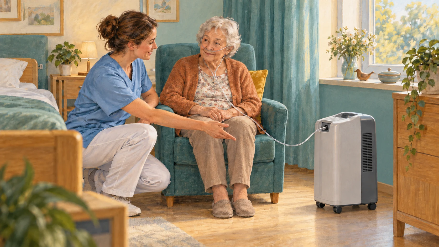 KI-generierte Illustration: Eine Pflegefachperson bespricht mit einer Bewohnerin die sichere Umgebung eines Sauerstoffkonzentrators ohne offene Flamme