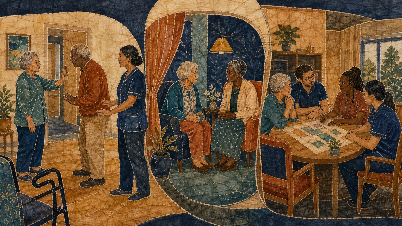 Batik-Illustration: Eine Bewohnerin setzt ein klares Stoppsignal, zwei Bewohnerinnen teilen einvernehmlich einen geschützten Rückzugsraum und ein Pflegeteam plant gemeinsam sichere Abläufe