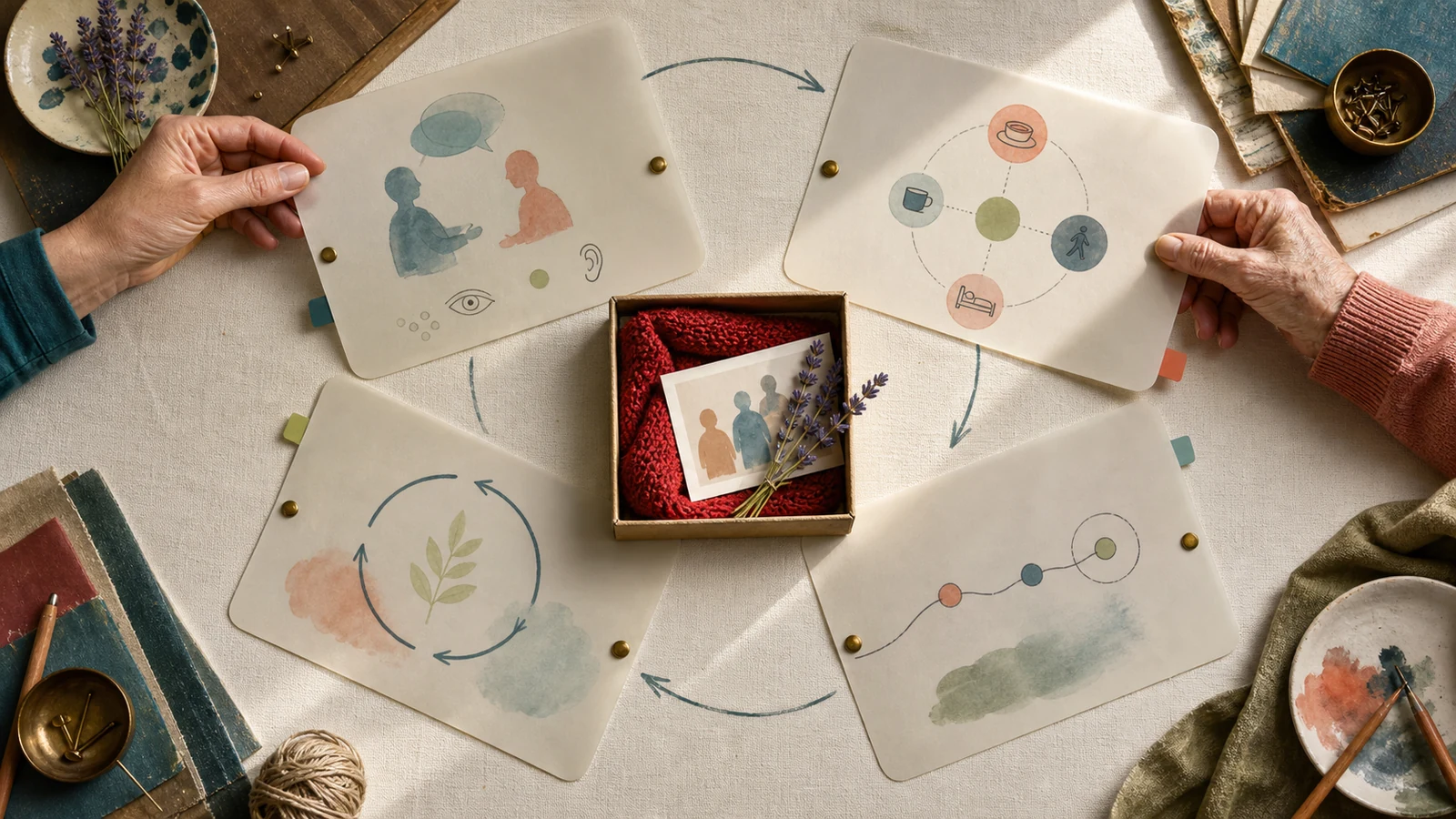 Vier transparente Prozessblätter liegen im Kreis um eine Schachtel mit rotem Schal, Familienbild und Lavendel; eine Pflegefachperson und eine ältere Person halten gemeinsam je ein Blatt