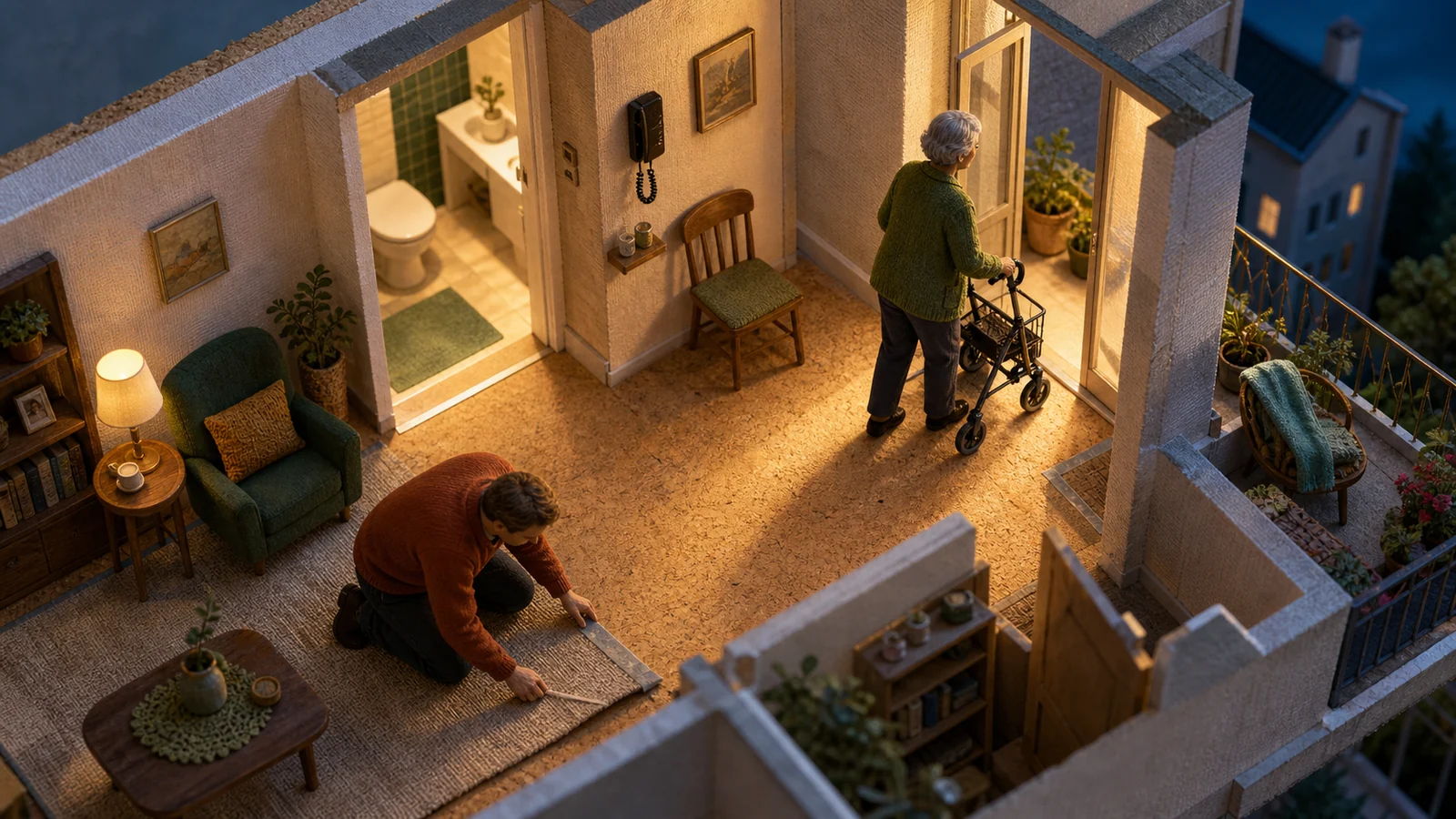 In einer handgearbeiteten Wohnungslandschaft geht eine ältere Frau selbstständig mit dem Rollator zum Balkon, während ihr Sohn mit Abstand nur eine hochstehende Teppichkante sichert