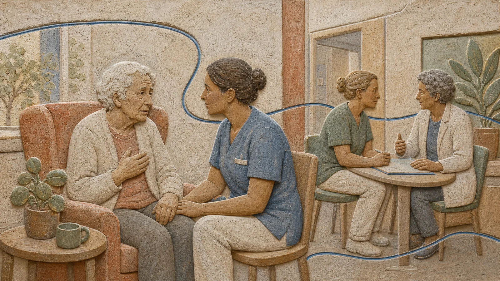 Polychromes Putzrelief: Eine ältere Bewohnerin spricht auf Augenhöhe mit einer Pflegefachperson; zwei weitere Fachpersonen koordinieren im selben Raum die verlässliche Weitergabe
