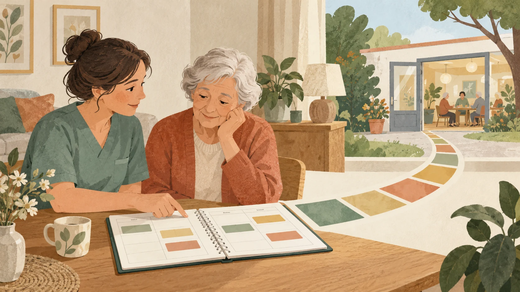 Illustration: Pflegefachperson und ältere Frau besprechen einen farbigen Wochenplan; im Hintergrund ist eine Tagespflege zu sehen.