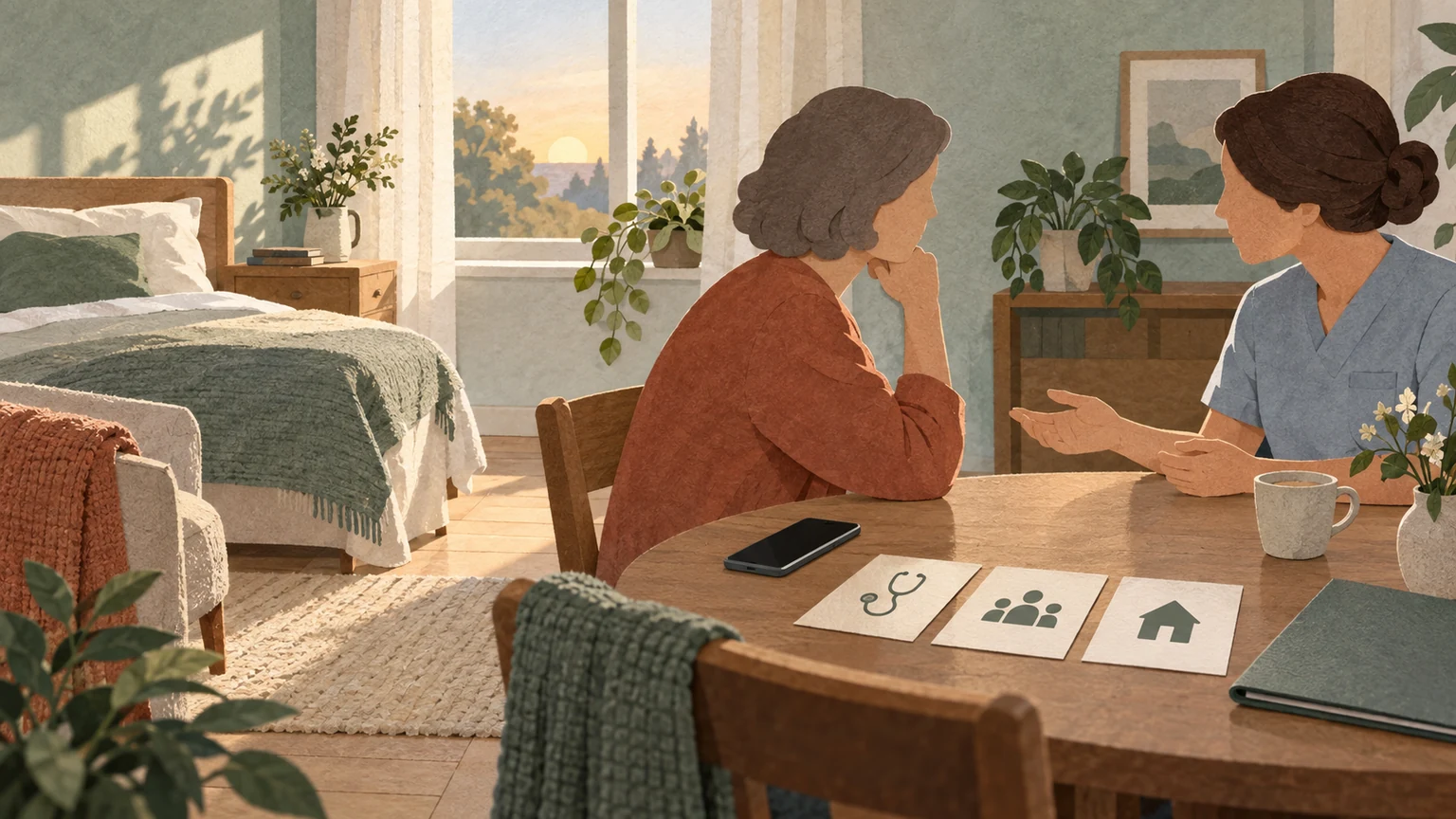 Papiercollage: In einem ruhigen Schlafzimmer spricht eine ambulante Pflegefachperson am Tisch mit einer Angehörigen; Telefon, Mappe und drei Symbolkarten stehen für ärztliche Klärung, Familie und nächste Schritte