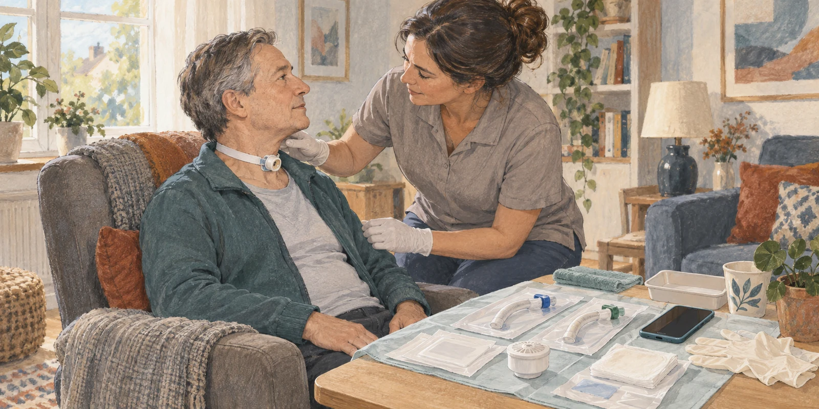 Gouache-und-Graphit-Illustration eines Hausbesuchs: Eine ambulante Pflegefachperson prüft bei einem sitzenden Erwachsenen Kanülenplatte und Fixierung; zwei verpackte Ersatzkanülen unterschiedlicher Größe, Verbandmaterial, Befeuchtungselement und Telefon liegen geordnet bereit