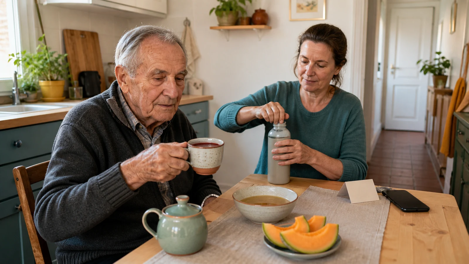 Ein älterer Mann hält in seiner Küche selbst eine Tasse mit seinem gewählten Getränk, während seine Tochter nur den Verschluss einer neutralen Flasche öffnet