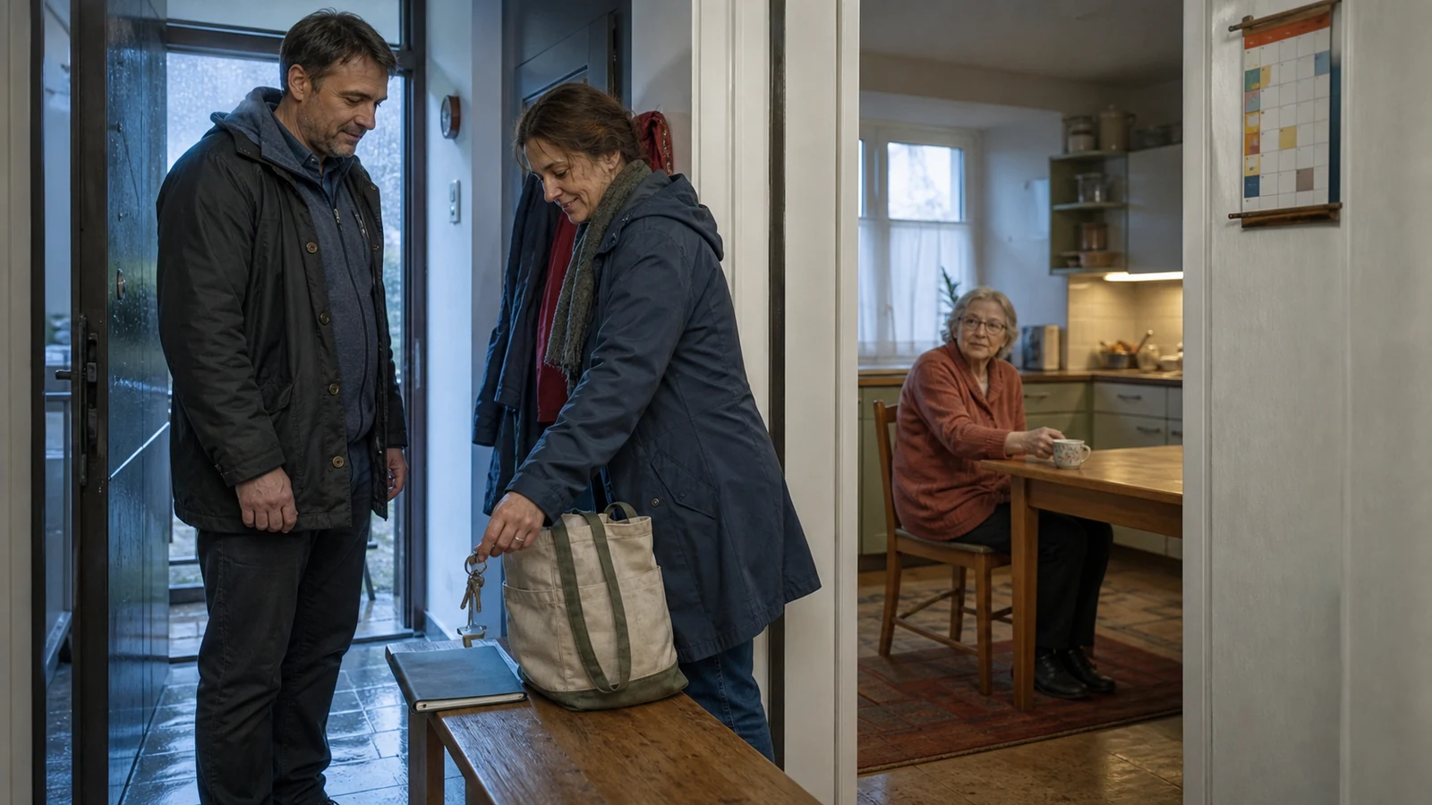 Dokumentarische Illustration: Ein pflegender Sohn legt im Wohnungsflur Schlüssel und Unterlagen auf einer Bank ab, während eine vertraute Person eine Einkaufstasche übernimmt und die ältere Mutter am eigenen Küchentisch beteiligt bleibt
