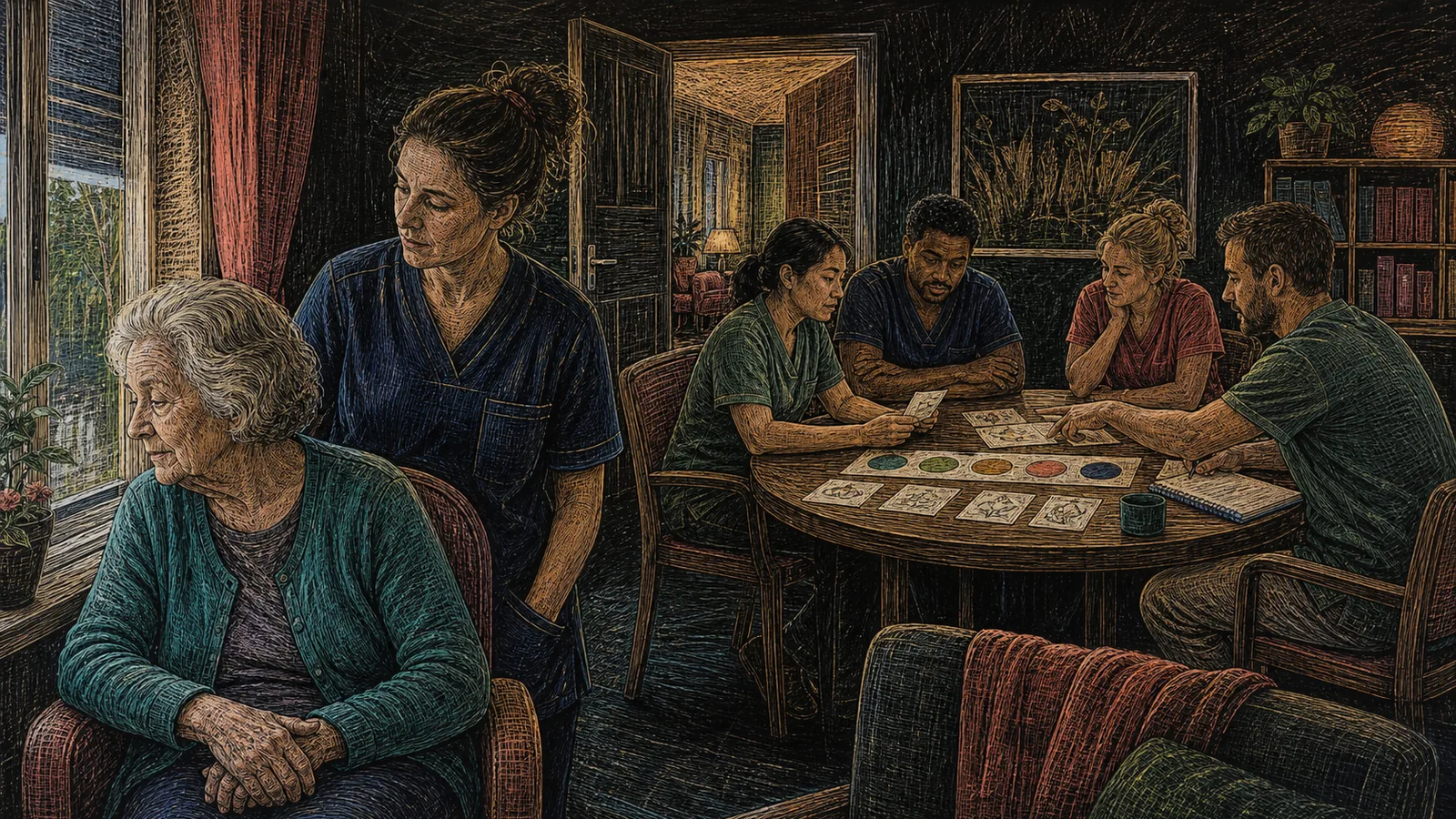 Schabkarton-Illustration: Eine Pflegefachperson hält bei einer Bewohnerin respektvoll inne, während das Pflegeteam im Hintergrund verschiedene Beobachtungen zu einer wiederkehrenden Situation vergleicht