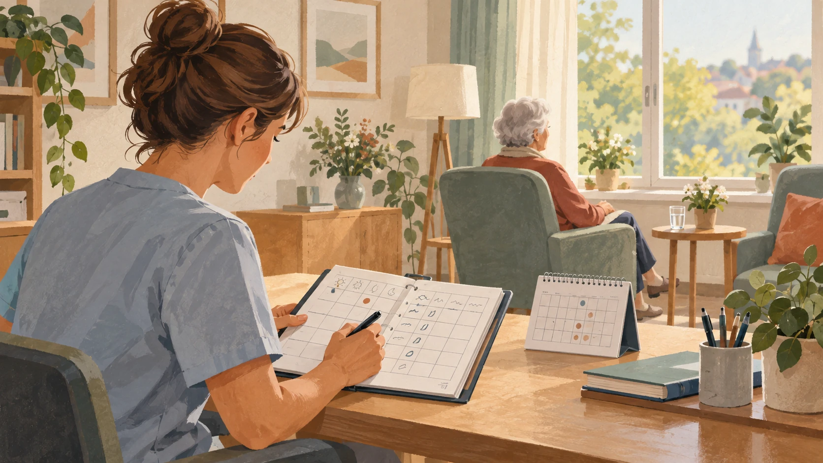 Illustration: Eine Pflegefachperson vergleicht einen Beobachtungsbogen mit einem Kalender; im Hintergrund sitzt eine Bewohnerin ruhig am Fenster.
