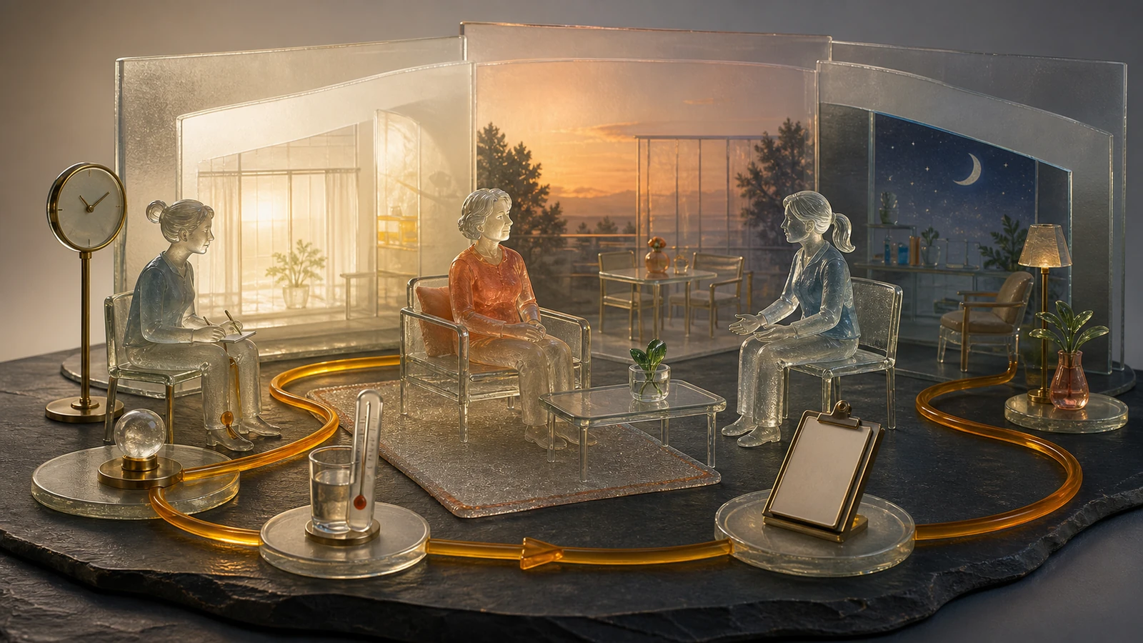 Ein handgearbeitetes Glasdiorama zeigt eine Bewohnerin und zwei Pflegefachpersonen mit respektvollem Abstand; eine bernsteinfarbene Linie verbindet Beobachtung, Ursachenprüfung, Schichtübergabe und erneute Auswertung